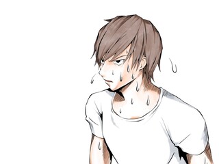 漫画風カラー_暑くて汗をかく白シャツの男_横