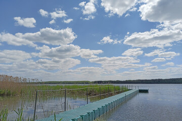 Fototapeta na wymiar pontoon pier on the lake shore on a beautiful summer day.