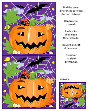 Halloween themed visual puzzle: Find the seven differences between the two pictures of pumpkin, bats and spider. Answer included.
