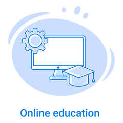 Icon for Online education and video courses.Video conferences for students, technical courses and video lessons.Online marketing.Vector illustration of a thin line icon on a blue background.