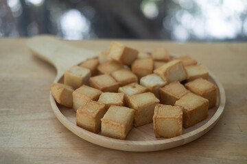 Homemade healthy fried fish tofu. Vegan Asian meal.