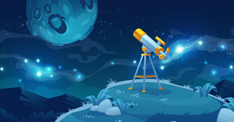 Telescope for space exploration, science discovery and astronomy studying. Equipment for watching stars and planets in cosmos. Night landscape with glass on tripod on hill, Cartoon vector illustration © klyaksun