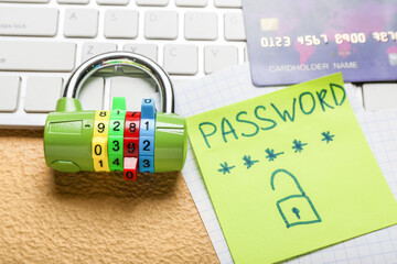 PC keyboard, credit card, lock and paper with text PASSWORD on color background. Hacking concept