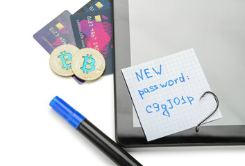Composition with tablet computer, credit cards, hook, bitcoins and paper on white background. Hacking concept