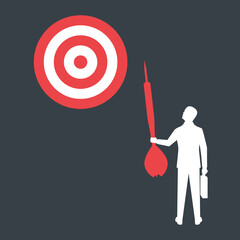 Achievement of goal. Purpose business concept. Purposeful businessman with spear in hand looks at target. Vector illustration flat design. Aspirational people. Challenge achieve aim.