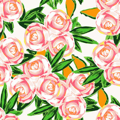 Pink Rose Drawn Vector Seamless Pattern. Flower