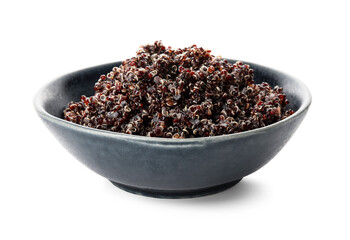 Bowl with tasty quinoa on white background