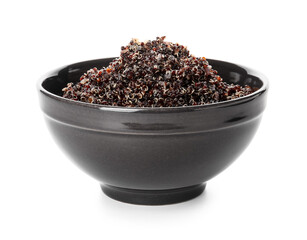 Bowl with tasty quinoa on white background