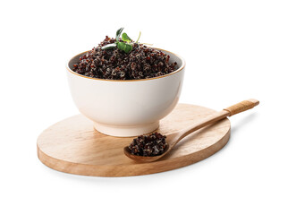 Bowl with tasty quinoa on white background