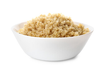 Bowl with tasty quinoa on white background