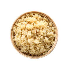 Bowl with tasty quinoa on white background