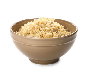 Bowl with tasty quinoa on white background