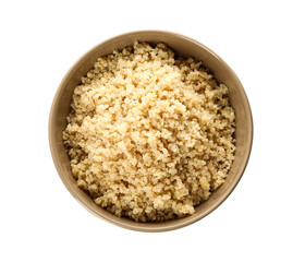 Bowl with tasty quinoa on white background