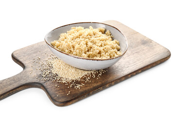 Bowl with tasty quinoa on white background