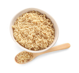 Bowl and spoon with tasty quinoa on white background