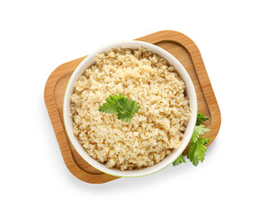Bowl with tasty quinoa on white background