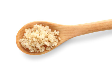Fototapeta na wymiar Tasty quinoa in spoon on white background
