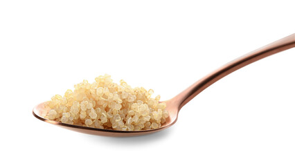 Tasty quinoa in spoon on white background