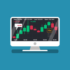 Laptop screen with financial trading graph. Trades on financial stock exchange. Tradings concept. Stock exchange. Forex market. Vector illustration flat design.