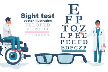 Young man visiting an ophthalmologist. Sight test. Diagnosis of vision. Eye test frame. Vision test. Check Eyesight. Vector illustration flat design. Template ophthalmology clinic. Diopter concept.