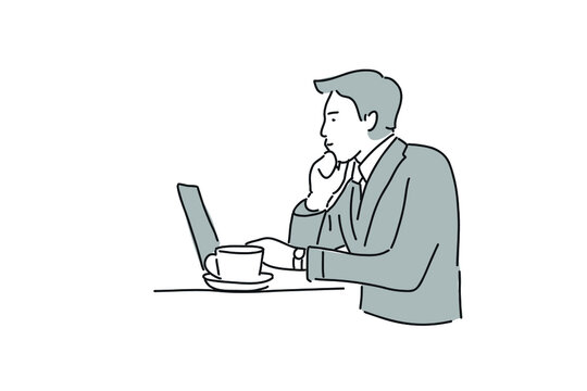 Businessman Working With Laptop And Coffee Hand Drawn Minimalist Vector Illustration  For Presentation, Website, Mobile And Print.