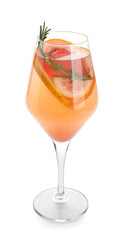 Glass of tasty grapefruit cocktail on white background