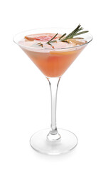 Glass of tasty grapefruit cocktail on white background