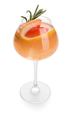 Glass of tasty grapefruit cocktail on white background