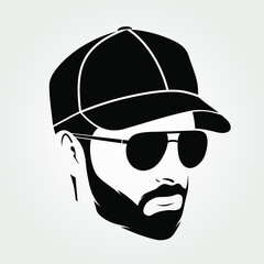 Bearded handsome men in a baseball cap. Hipster face icon isolated. Vector illustration	