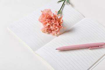 Beautiful carnation flower, pen and notebook on light background