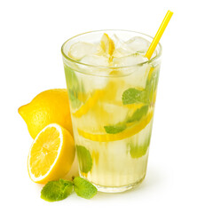 Glass of tasty cold lemonade on white background