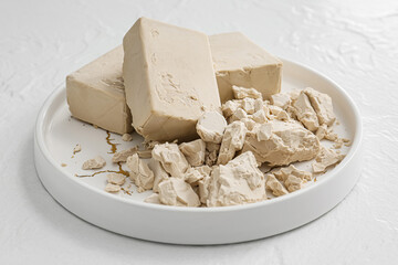 Plate with fresh yeast on light background