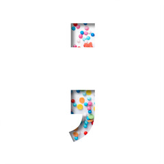 Sweet glaze font. Punctuation marks dot and comma cut out of paper on the background of white sweet...