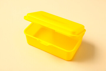 Plastic lunch box on color background