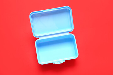 Plastic lunch box on color background