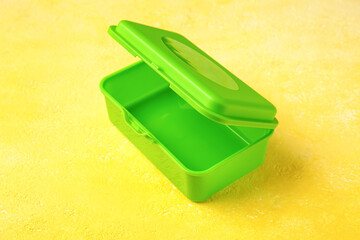 Plastic lunch box on color background