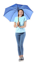 Beautiful young woman with umbrella on white background