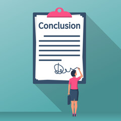 Obraz premium Businesswoman writes conclusion, report concept. Paperwork, sheets in folder. Holding the clipboard and pen in hand.Finally, outcome, result.Vector illustration flat design.Isolated on background.