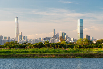 Fototapeta na wymiar Skyline of downtown district of Shenzhen city, China. Viewed from Hong Kong border