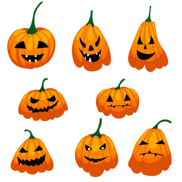 halloween pumpkin set with different faces, vector isolated on white background