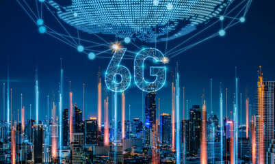 6G network digital and internet of everythings on city background.6G network wireless systems.Modern city with quantum internet and cityscape concept.