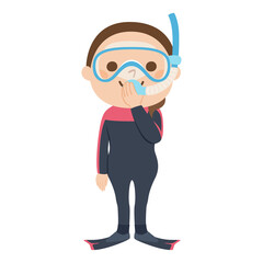 女性ダイバーのイラスト。ダイビングスーツとシュノーケリングマスクとフィンを付けてる若い女性。