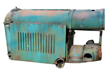 Rusty retro  small  tractors  diesel engine painted  blue isolated