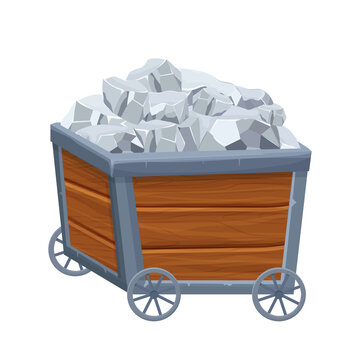Wooden Mine cart, trolley with silver ore in cartoon style isolated on white background. Game asset,ui. Fortune concept. 