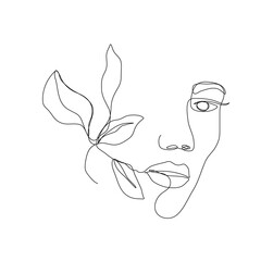 Abstract Woman Face with Leaves One Line Art Style Drawing. Continuous Line Art Minimalist Style for Wall Art, Print, Tattoo, Poster, Textile etc. Floral Female Fashion Face Vector illustration