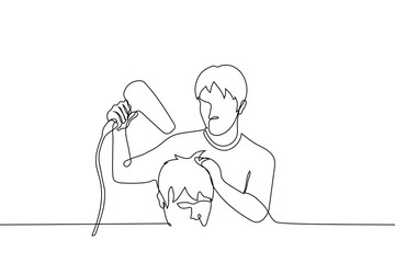 male barber dries hair with a hairdryer to a male client - one line drawing. barber styling the hair of the visitor