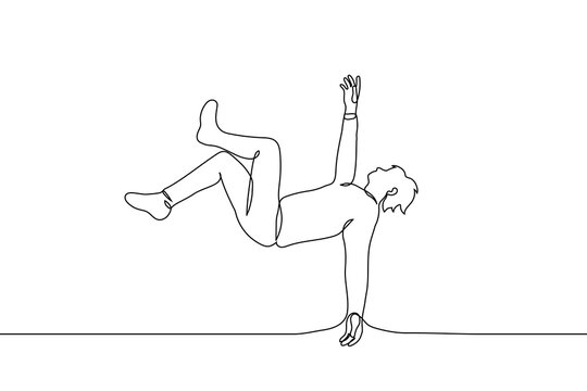 man in free fall flies backwards - one line drawing. concept of a guy in full growth falls, hand reaches up