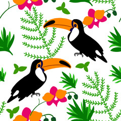 Seamless pattern Toucan bird cartoon character, decorative leaf, orchid flower, Cute vector illustration isolated on white backround, decorative exotic backdrop, wild animal for design wallpaper
