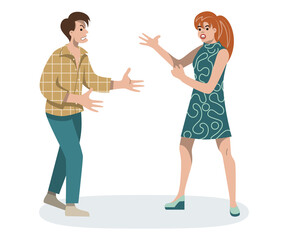 Couple yell at each other. Man and woman argue. Guy and girl swear. Negative emotions. Home conflict. Wife blames husband. Flat illustration on isolated white background.