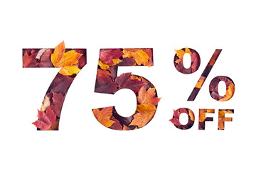 Paper cut 75 percent off text filled with texture of yellow and red autumn fall maple leaves isolated on white background. Autumn flyer, banner or poster design template. Fall shopping concept.